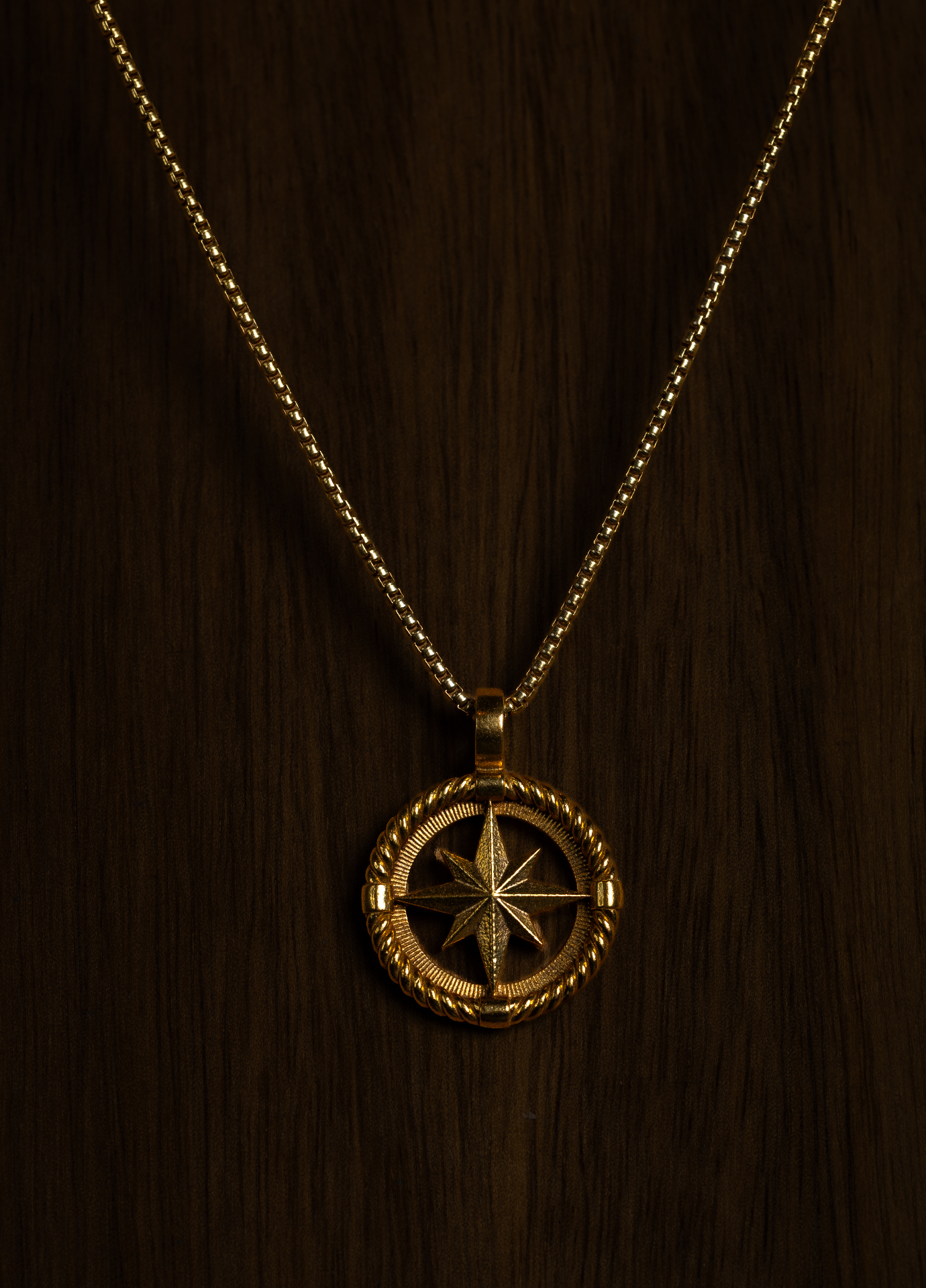 Gold compass rose pendant on a chain against dark wood